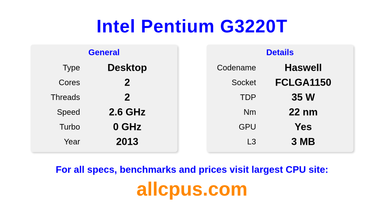 Intel Pentium G3220T CPU Specifications and Benchmark