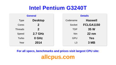 Intel Pentium G3240T CPU Specifications and Benchmark