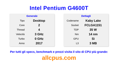 Intel Pentium G4600T Specifiche e benchmark della CPU