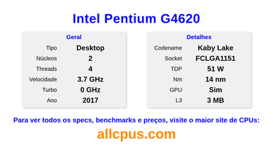 Intel Pentium G4620 Especificações e benchmarks da CPU