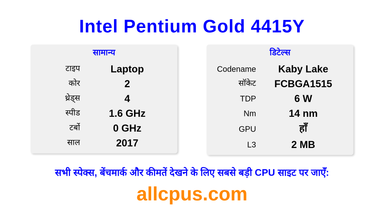 Intel Pentium Gold 4415Y CPU की स्पेसिफिकेशन और बेंचमार्क
