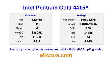 Intel Pentium Gold 4415Y Specifiche e benchmark della CPU