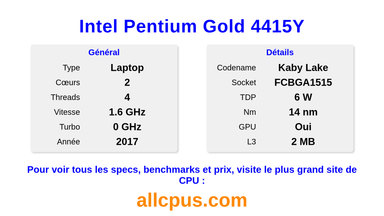 Intel Pentium Gold 4415Y Spécifications et benchmarks du CPU