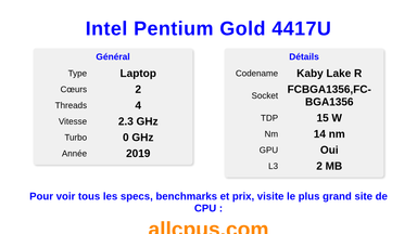 Intel Pentium Gold 4417U Spécifications et benchmarks du CPU