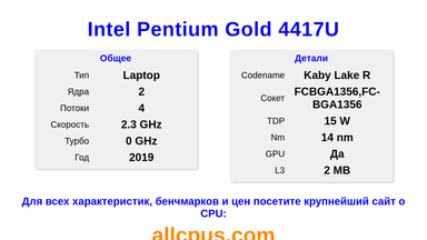 Intel Pentium Gold 4417U Характеристики и бенчмарки CPU