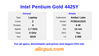 Intel Pentium Gold 4425Y CPU Specifications and Benchmark
