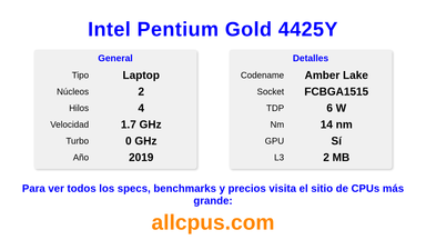 Intel Pentium Gold 4425Y Especificaciones y benchmarks de la CPU