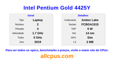 Intel Pentium Gold 4425Y Especificações e benchmarks da CPU