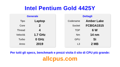 Intel Pentium Gold 4425Y Specifiche e benchmark della CPU