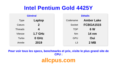 Intel Pentium Gold 4425Y Spécifications et benchmarks du CPU