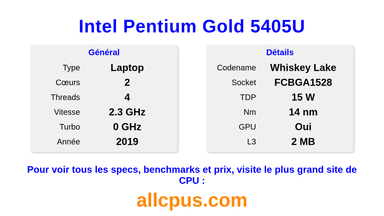 Intel Pentium Gold 5405U Spécifications et benchmarks du CPU