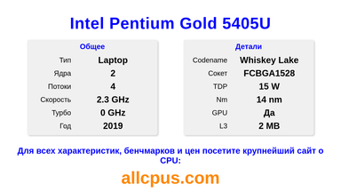 Intel Pentium Gold 5405U Характеристики и бенчмарки CPU