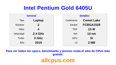 Intel Pentium Gold 6405U Especificaciones y benchmarks de la CPU