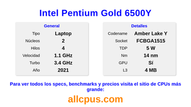 Intel Pentium Gold 6500Y Especificaciones y benchmarks de la CPU