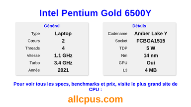 Intel Pentium Gold 6500Y Spécifications et benchmarks du CPU