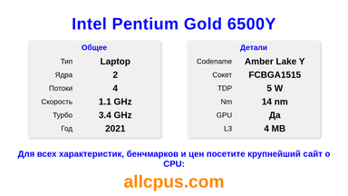 Intel Pentium Gold 6500Y Характеристики и бенчмарки CPU