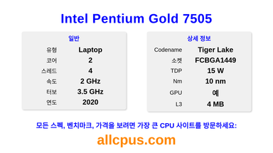 Intel Pentium Gold 7505 CPU 사양과 벤치마크