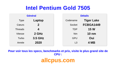 Intel Pentium Gold 7505 Spécifications et benchmarks du CPU