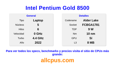Intel Pentium Gold 8500 Especificaciones y benchmarks de la CPU
