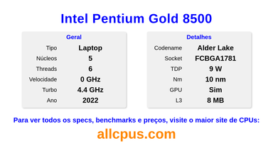 Intel Pentium Gold 8500 Especificações e benchmarks da CPU
