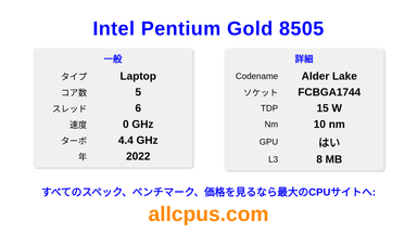Intel Pentium Gold 8505 CPUの仕様とベンチマーク