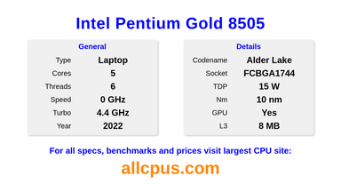 Intel Pentium Gold 8505 CPU Specifications and Benchmark