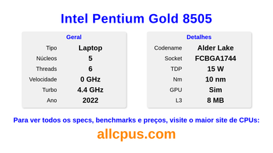 Intel Pentium Gold 8505 Especificações e benchmarks da CPU