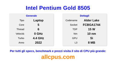 Intel Pentium Gold 8505 Specifiche e benchmark della CPU