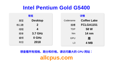 Intel Pentium Gold G5400 CPU 规格和跑分