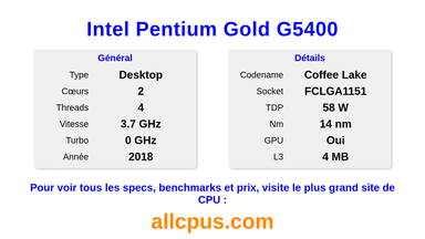 Intel Pentium Gold G5400 Spécifications et benchmarks du CPU