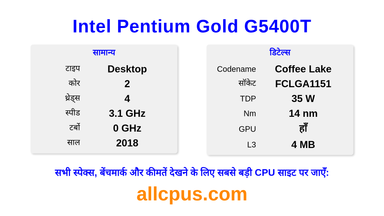 Intel Pentium Gold G5400T CPU की स्पेसिफिकेशन और बेंचमार्क