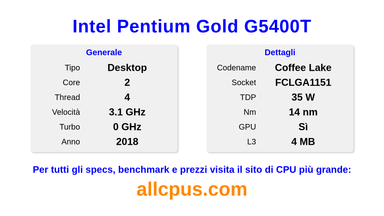 Intel Pentium Gold G5400T Specifiche e benchmark della CPU