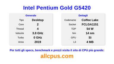 Intel Pentium Gold G5420 Specifiche e benchmark della CPU