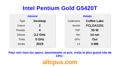 Intel Pentium Gold G5420T Spécifications et benchmarks du CPU