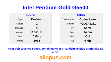 Intel Pentium Gold G5500 Spécifications et benchmarks du CPU