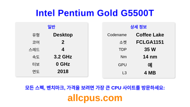 Intel Pentium Gold G5500T CPU 사양과 벤치마크