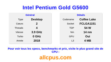 Intel Pentium Gold G5600 Spécifications et benchmarks du CPU