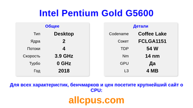 Intel Pentium Gold G5600 Характеристики и бенчмарки CPU