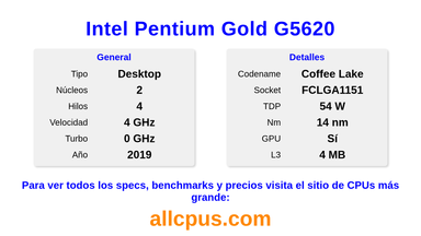 Intel Pentium Gold G5620 Especificaciones y benchmarks de la CPU