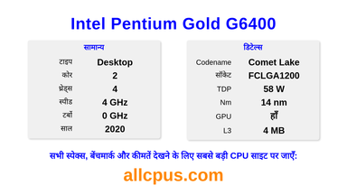 Intel Pentium Gold G6400 CPU की स्पेसिफिकेशन और बेंचमार्क