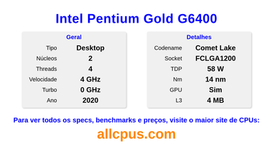 Intel Pentium Gold G6400 Especificações e benchmarks da CPU