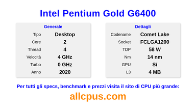 Intel Pentium Gold G6400 Specifiche e benchmark della CPU