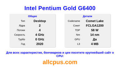 Intel Pentium Gold G6400 Характеристики и бенчмарки CPU