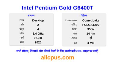 Intel Pentium Gold G6400T CPU की स्पेसिफिकेशन और बेंचमार्क