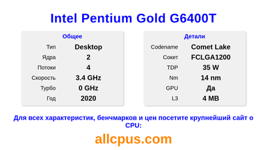 Intel Pentium Gold G6400T Характеристики и бенчмарки CPU