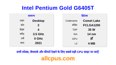 Intel Pentium Gold G6405T CPU की स्पेसिफिकेशन और बेंचमार्क