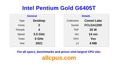 Intel Pentium Gold G6405T CPU Specifications and Benchmark