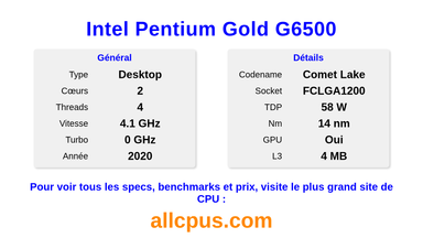 Intel Pentium Gold G6500 Spécifications et benchmarks du CPU