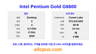 Intel Pentium Gold G6600 CPU 사양과 벤치마크