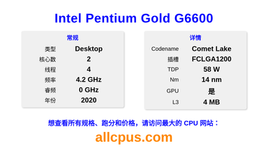 Intel Pentium Gold G6600 CPU 规格和跑分